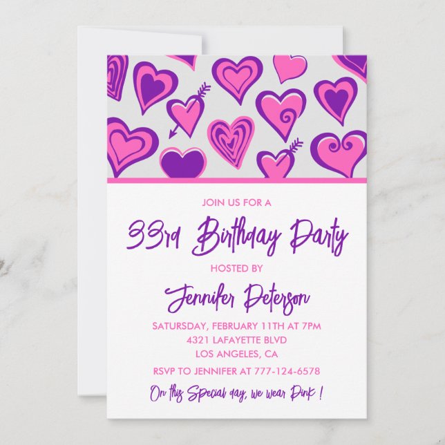 33:e födelsedagsinbjudan Glam Rosa Heart Inbjudningar (Framsida)