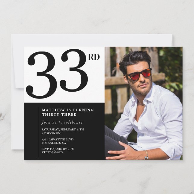 33:e födelsedagsinbjudan Photo Black White Manar Inbjudningar (Framsida)