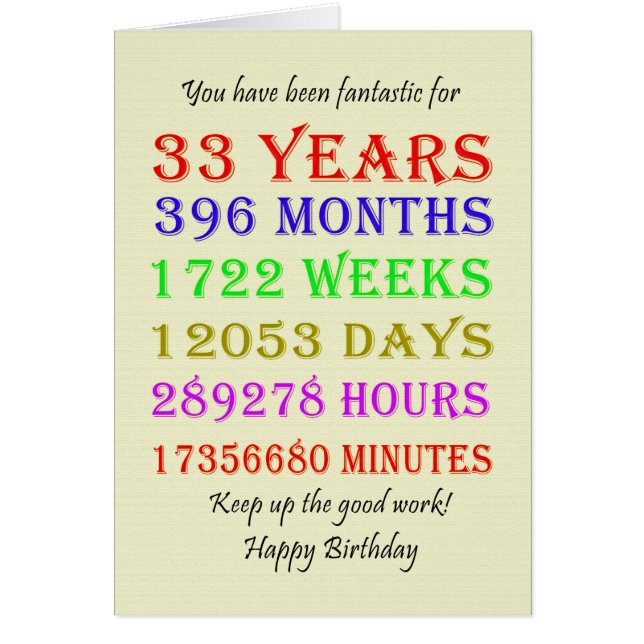 33:e födelsedagsmilstolpar hälsningskort (Framsidan)