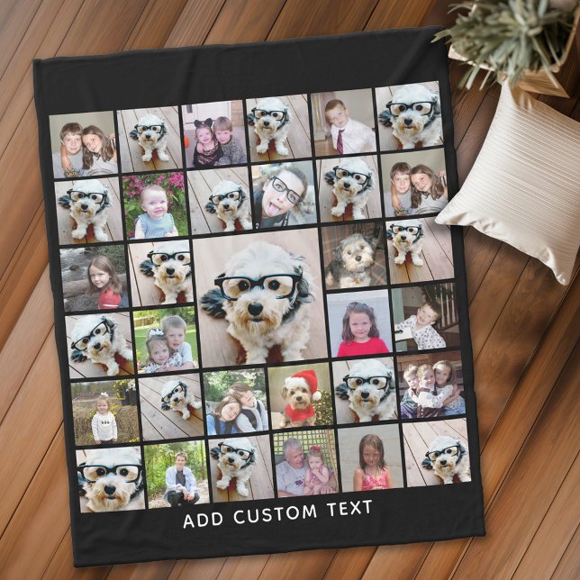 33 Svart faux med fotokollage Modern fyrkantslayou Fleecefilt (Personalized fleece blanket with 33 photos and text)