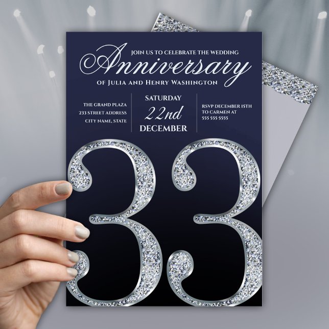 33rd Anniversary Diamond Silver Navy Blue Inbjudningar (Skapare uppladdad)