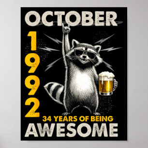 34-års födelsedags tvättbjörn öl oktober 1992 Vint Poster