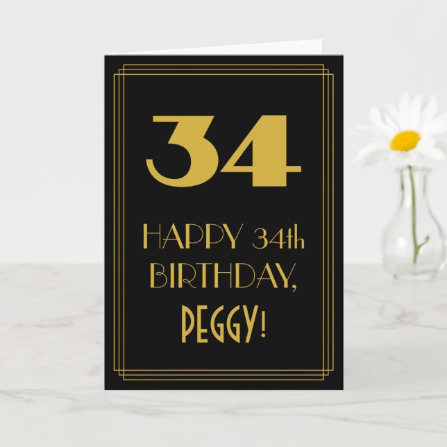 34-årsdag – Art Deco Inspirerad Look "34" & Namn Kort (Liten växt)
