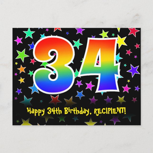 34-årsdag: Roliga stjärnor Mönster, Regnbåge 34, N Vykort (Framsida)