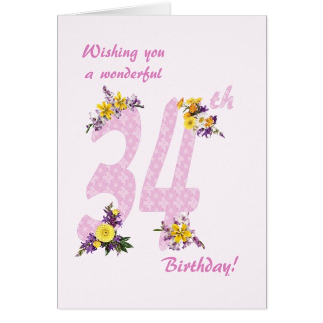 34:e födelsedag Flower Decorated Numbers Hälsningskort (Framsidan)