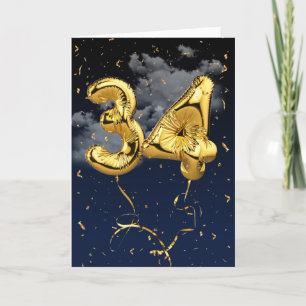 34:e födelsedag Guld Mylar Balloon and Confetti Ca Kort