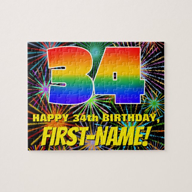 34:e födelsedag: Roligt, färgstarka brinnande fyrv Pussel (Horisontell)
