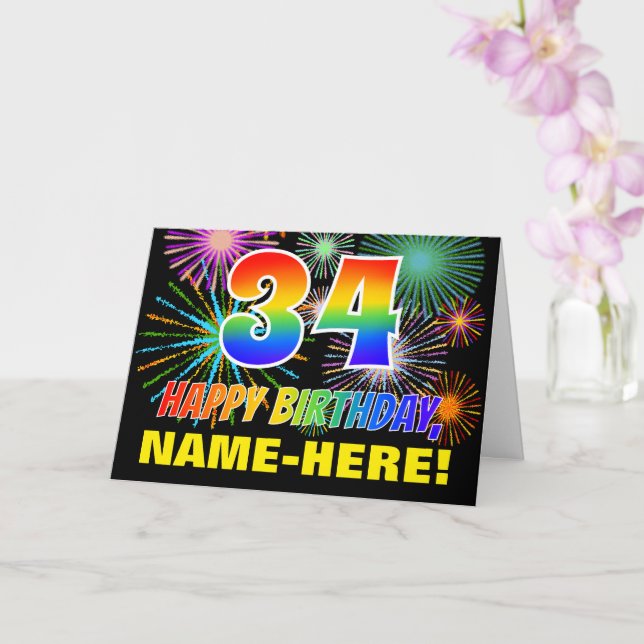 34:e födelsedagen: Fet, Roligt, Fireworks, Regnbåg Kort (Orkide)