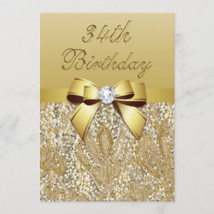 34:e födelsedagen Guld Faux Sequins och Bow Inbjudningar