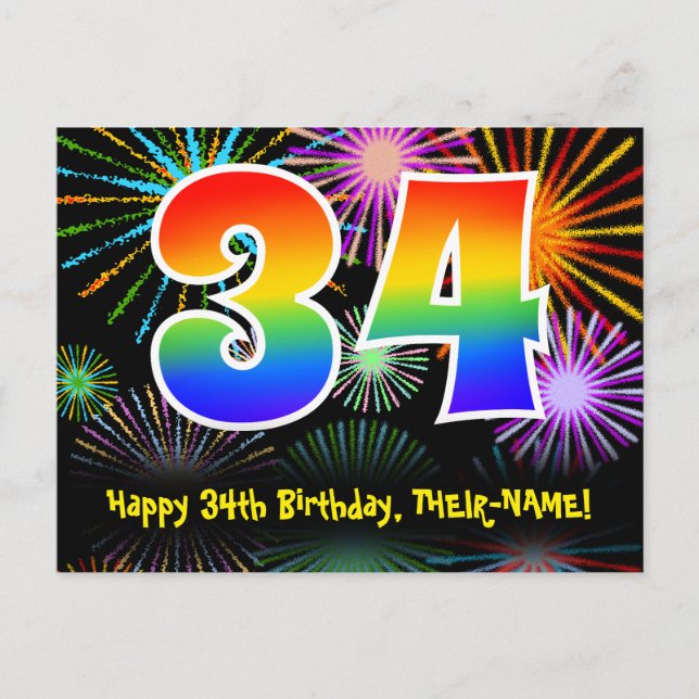 34:e födelsedagen - Roligt Fireworks Mönster + reg Vykort (Framsida)