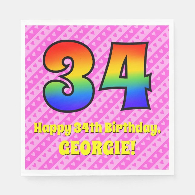 34:e födelsedagen: Rosa Rand & Hearts, regnbåge nr Pappersservett (Framsidan)