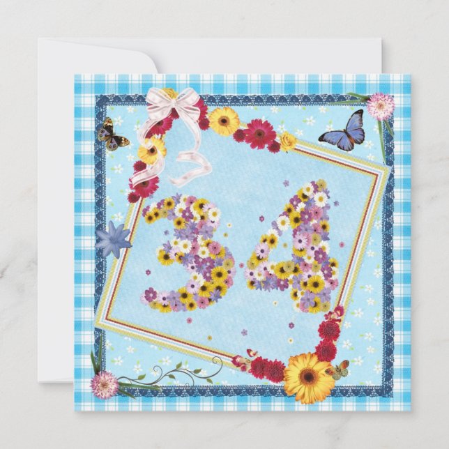34:e Födelsedagsfest inbjudan-blommor,fjärilar Inbjudningar (Framsida)