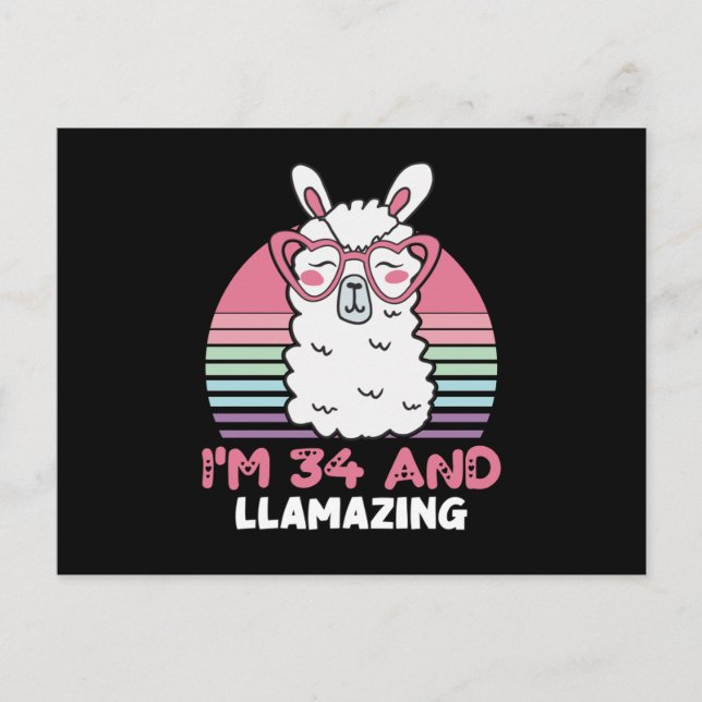 34 Year Old Bday Llamazing 34th Birthday Llama Vykort (Framsida)
