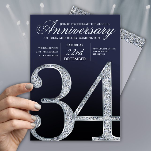 34th Anniversary Diamond Silver Navy Blue Inbjudningar (Skapare uppladdad)