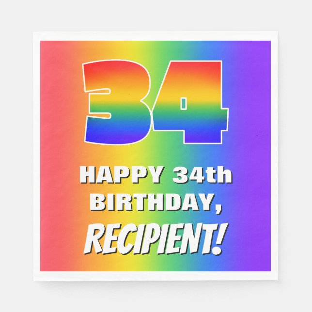 34th Birthday: Colorful, Fun Rainbow Pattern # 34 Pappersservett (Framsidan)
