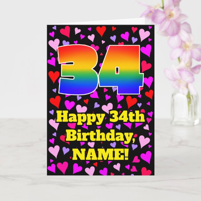 34th Birthday: Loving Hearts Pattern, Rainbow # 34 Kort (Orkide)