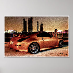 350Z City Scape Pencil Sketch Poster