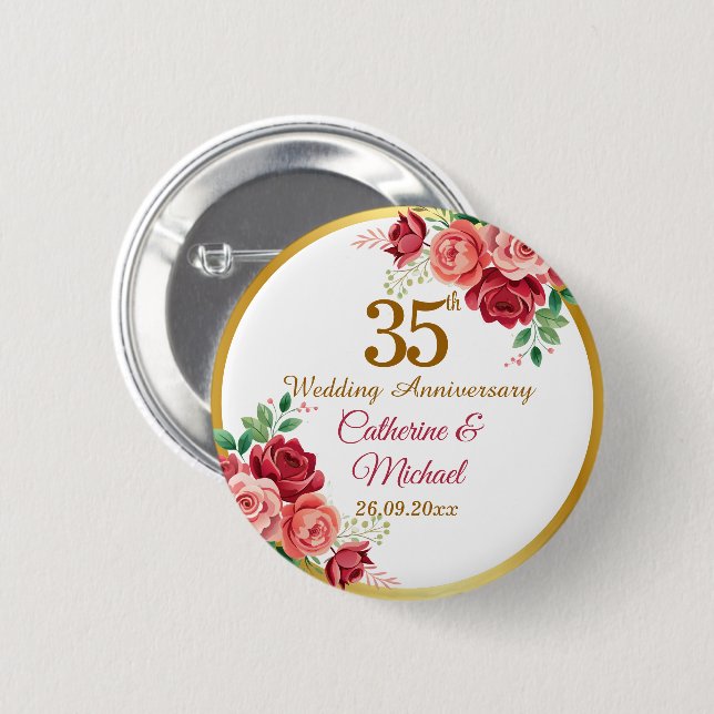35-års bröllopsdag Guld ram Blommig Knapp (Framsida & baksida)