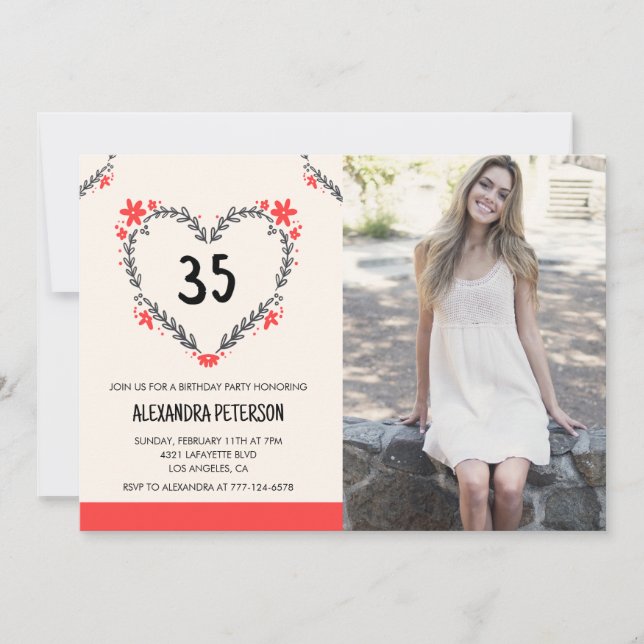 35-års födelsedagsinbjudningar blommande hjärta inbjudningar (Framsida)