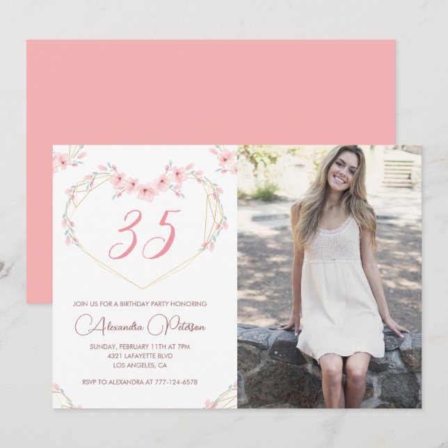 35-års födelsedagsinbjudningar Boho Blommig Foto Inbjudningar (Fram/baksida)