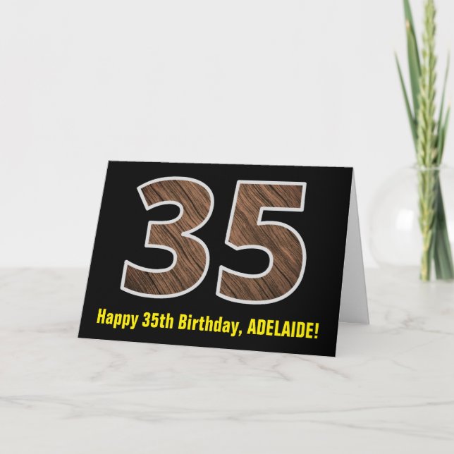 35-årsdag: Namn + Falskt trästrukturmönster "35" Kort (Framsida)