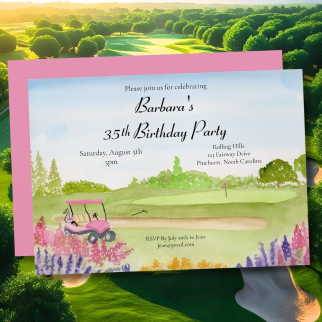 35-årsfest Fint rosa golfvagn golfbana Inbjudningar (Skapare uppladdad)