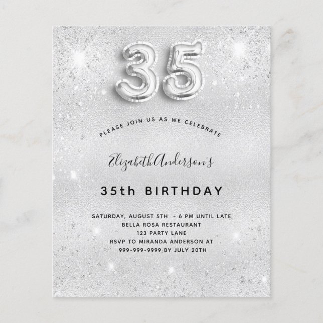 35-årsfirande silver glitter budget inbjudan (Framsida)