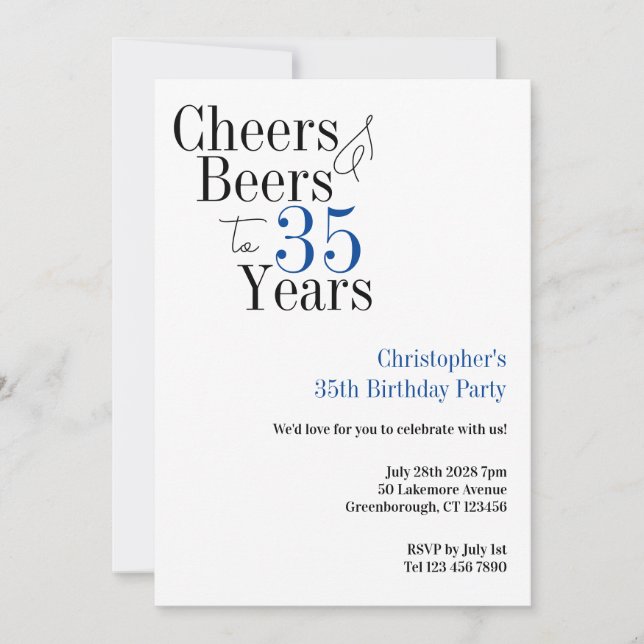 35-årsfödelsedags Cheers Beers-firande Blå typogra Inbjudningar (Framsida)