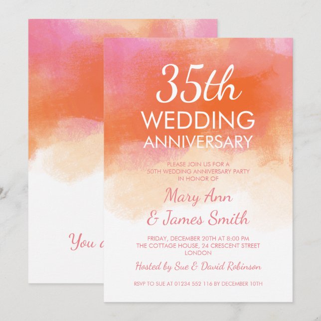 35-årsjubileum för äktenskap Rosa korall akvarell Inbjudningar (Fram/baksida)