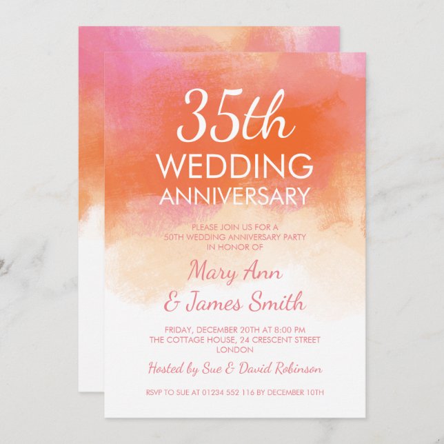 35-årsjubileum för bröllop Rosa korall akvarell Inbjudningar (Fram/baksida)