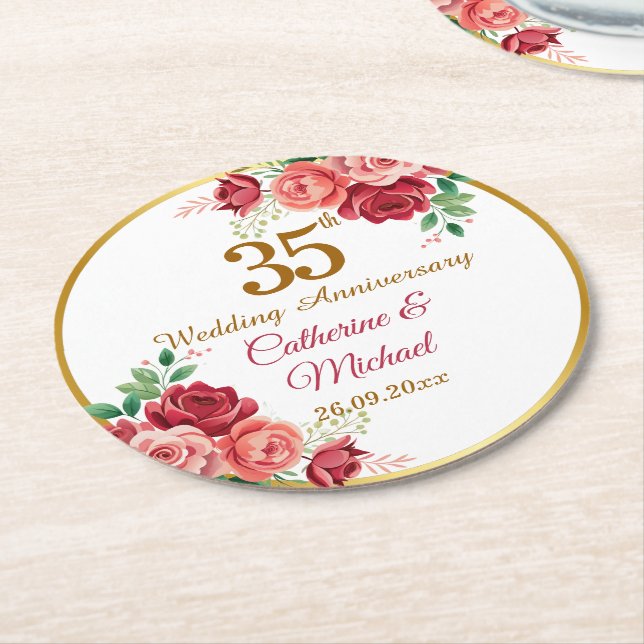 35-årsjubileum Guld Ram Blommor Underlägg Papper Rund (Vinklad)