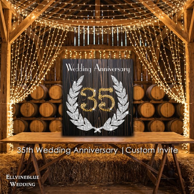 35-årsjubileum | Rustik Trä & Guld Inbjudningar (35th Wedding Anniversary Invite | Rustic Wood & Diamond Laurel. Size: 5.25” x 5.25”)
