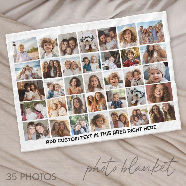 35 Fotokollage Grid - 1 Textruta - svart vitt Fleecefilt (Photo Blanket - Custom Pictures in a Collage)