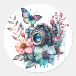 35 mm kamera i Blommor och Butterfly Sticker Runt Klistermärke
