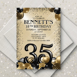 35e Balloons Black Guld Birthday Inbjudningar