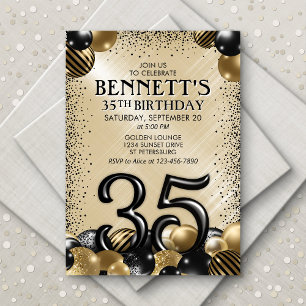35e Balloons Black Guld Birthday Inbjudningar