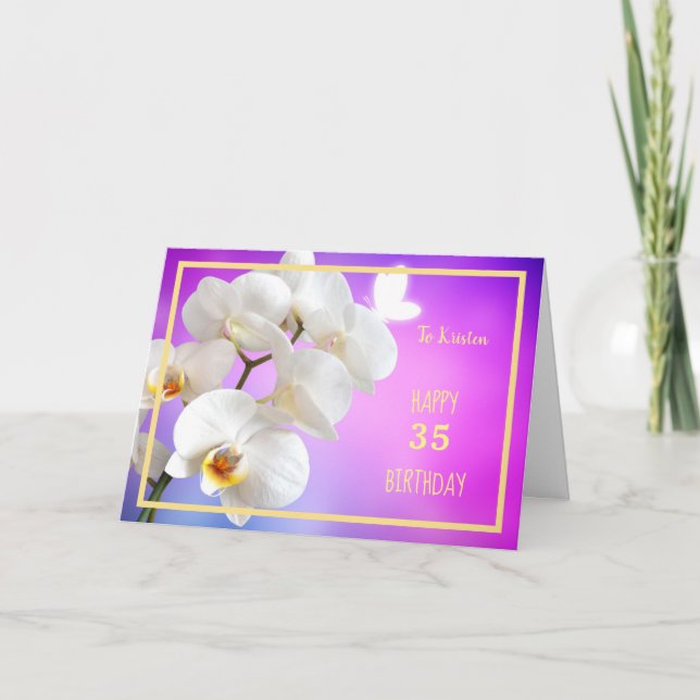 35e Bday Kristen White Orchids Elegant Guld Ram Kort (Framsida)