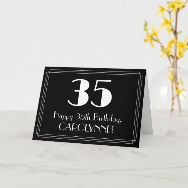 35e Birthday ~ Art Deco Inspired Titta "35", Namn Kort (Gul blomma)