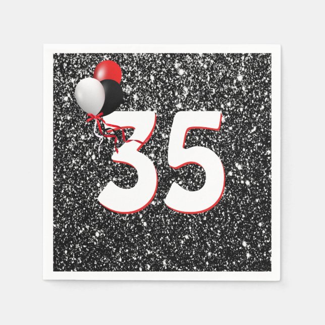 35e Birthday Balloon Black Glitter Napkins Pappersservett (Framsidan)
