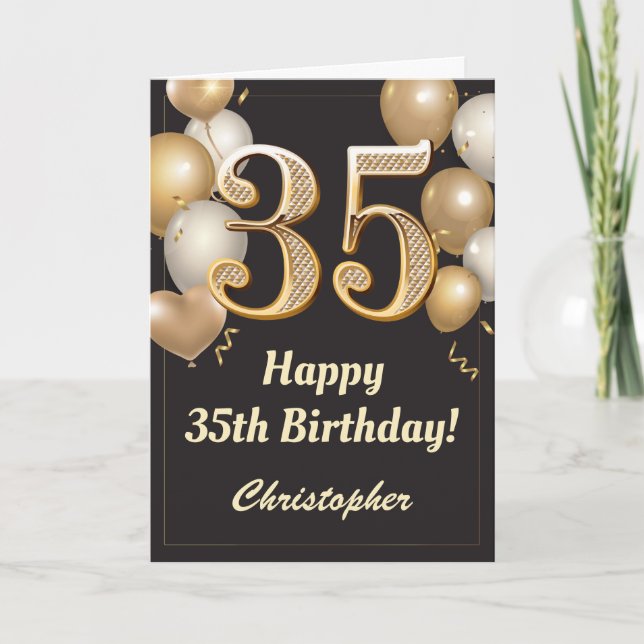 35e Birthday Black och Guld Balloons Confetti Kort (Framsida)