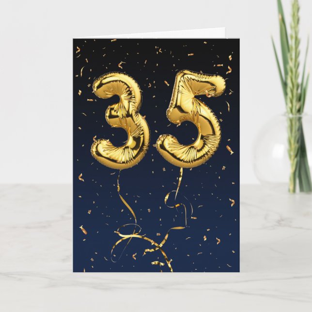 35e Birthday Guld Mylar Balloon and Confetti Kort (Framsida)