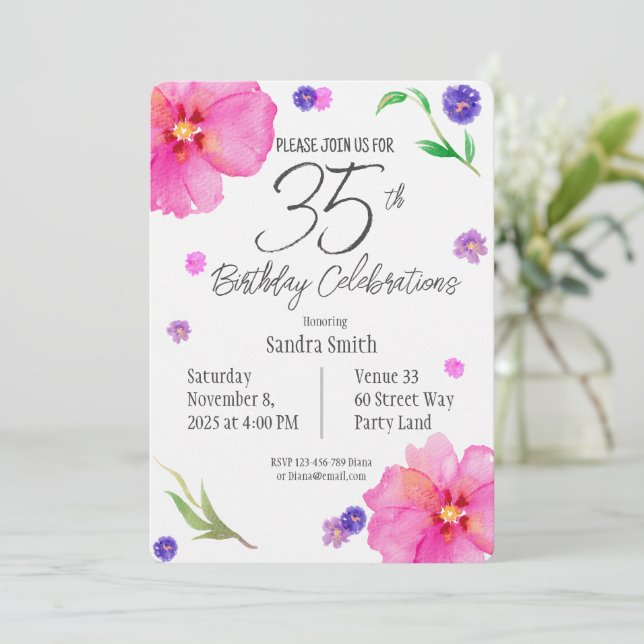 35e Birthday Inbjudan | Blommigtens vattenfärgsdes (Stående Fram)