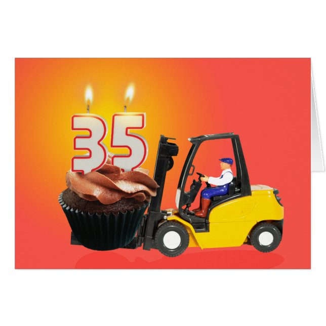 35e Birthday med Cupkaka, Candles och Forklift Hälsningskort (Framsidan Horizontal)