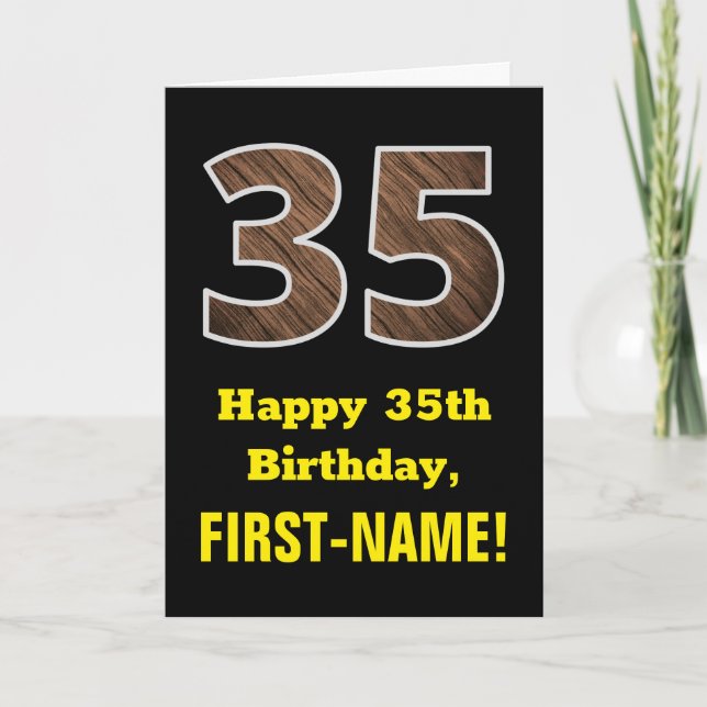 35e Birthday: Namn, Faux Wood Grain Mönster "35" Kort (Framsida)