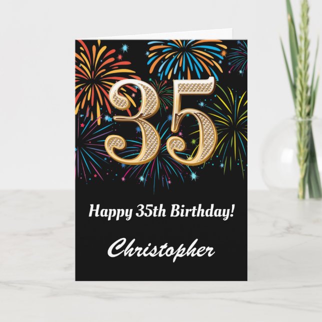 35e Birthday Rainbow Fireworks Black och Guld Kort (Framsida)