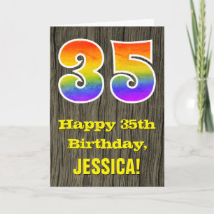 35e Birthday: Rustic Faux Wood look, Rainbow ’35’ Kort