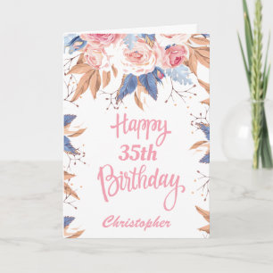 35e Birthday Watercolor Botanical Rosa Blommigt Kort