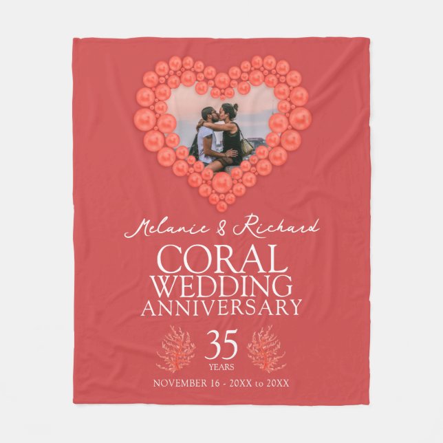 35e Coral Bröllop-årsdag, fotohjärta Fleecefilt (Framsidan)