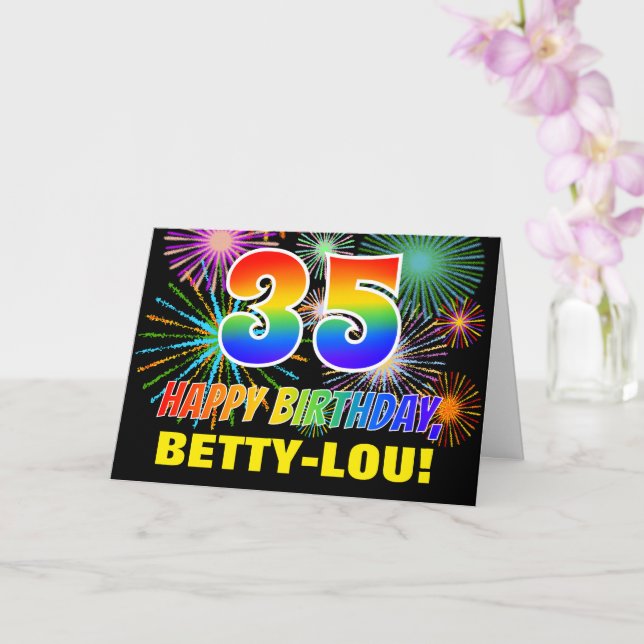 35e födelsedag: fetstil, Roligt, Fireworks, regnbå Kort (Orkide)