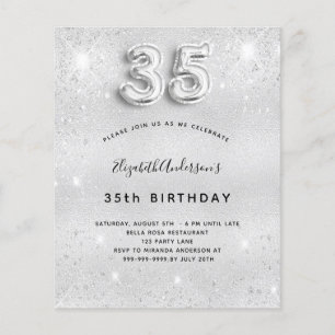 35e födelsedag silver glitter budgetinbjudan flygblad
